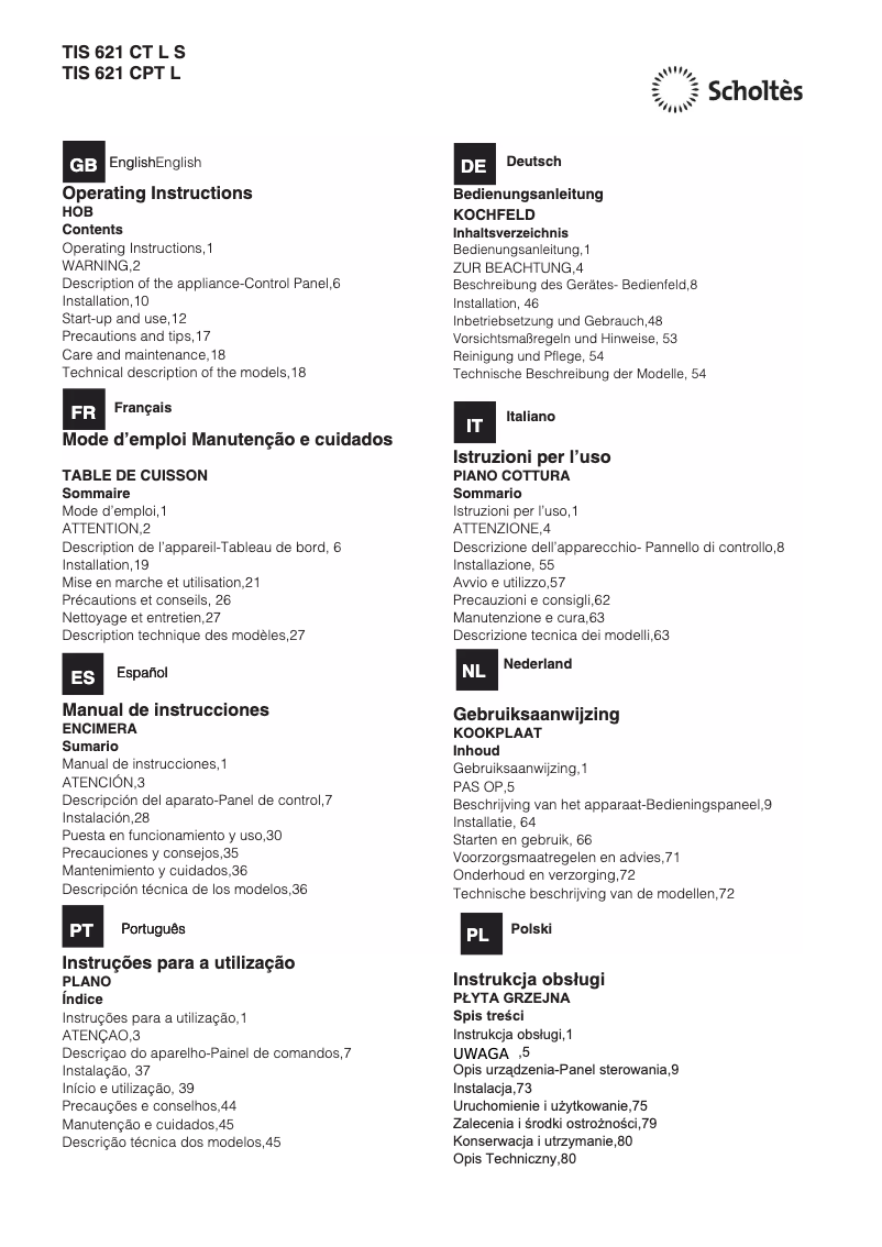 Page 1 de la notice Manuel utilisateur Scholtès TIS 621 CT L S