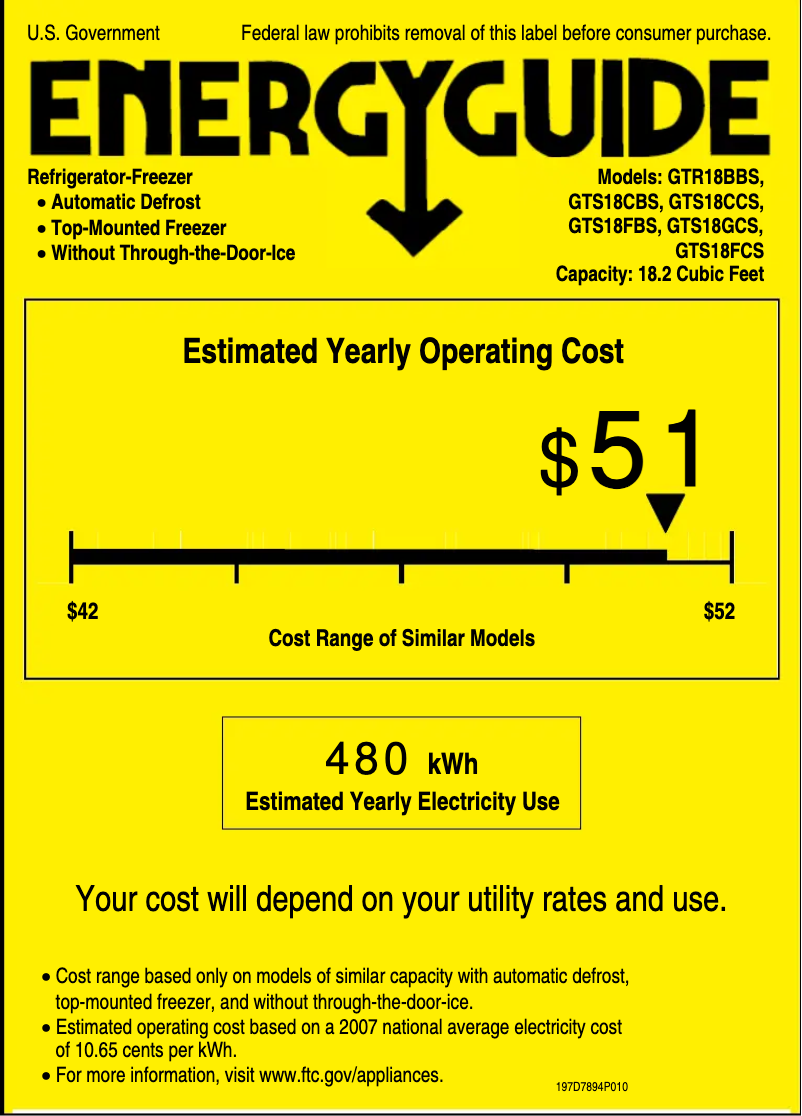 Page 1 de la notice Label énergétique GE GTS18CBSLWW