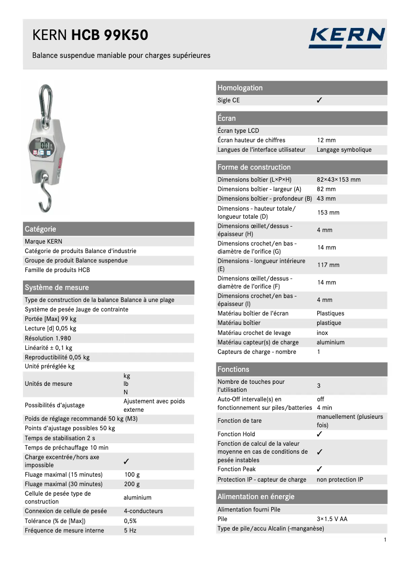 Page 1 de la notice Fiche technique Kern HCB 99K50