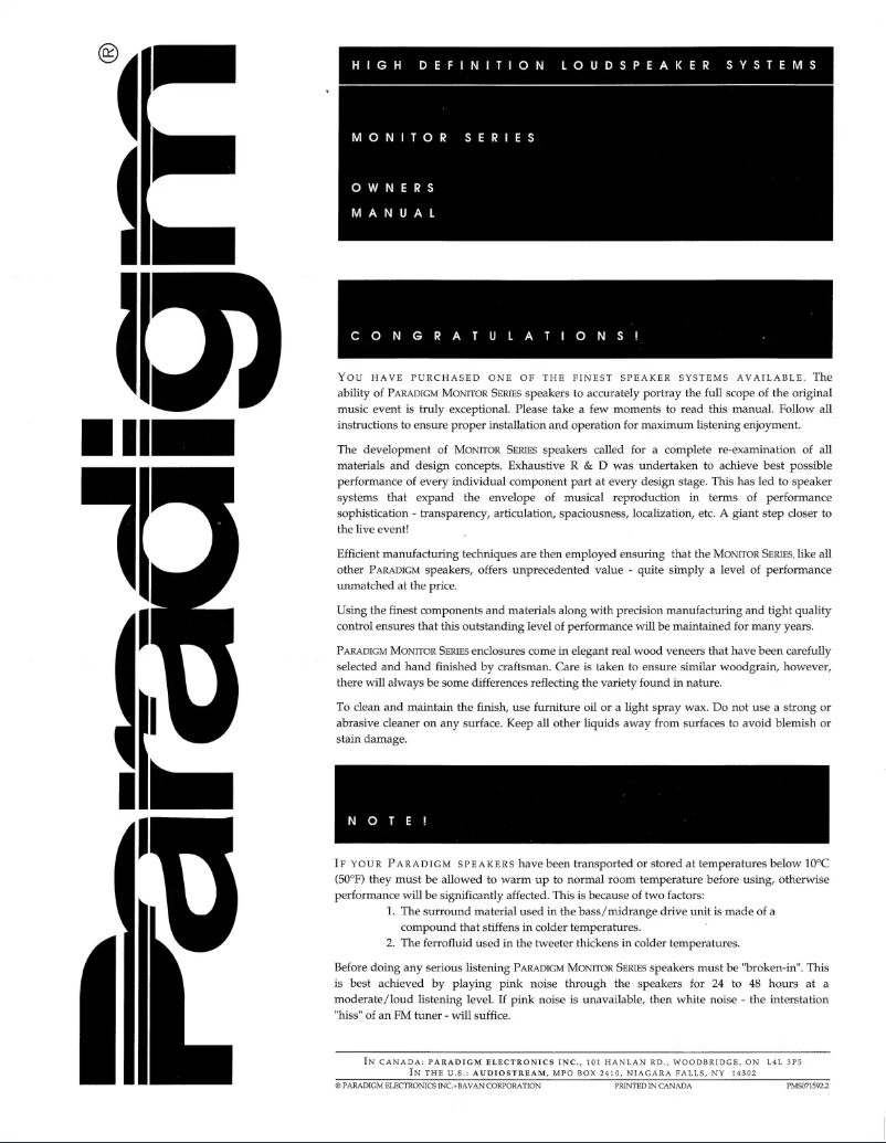 Page 1 de la notice Manuel utilisateur Paradigm Monitor 9 v2