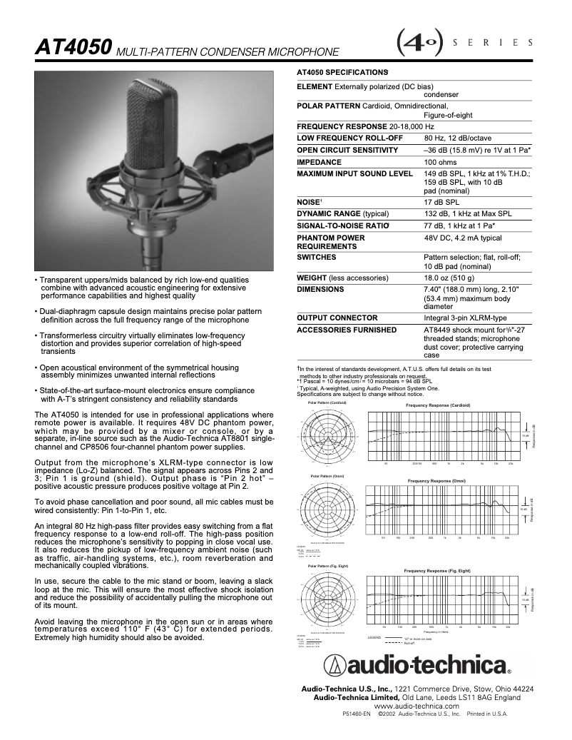 Page 1 de la notice Manuel utilisateur Audio-Technica AT4050 SM