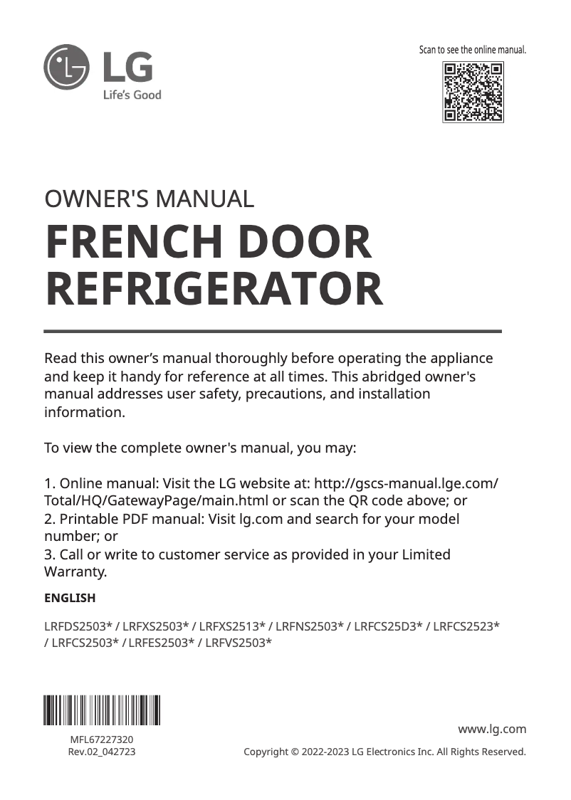 Page 1 de la notice Manuel utilisateur LG LRFVS2503S