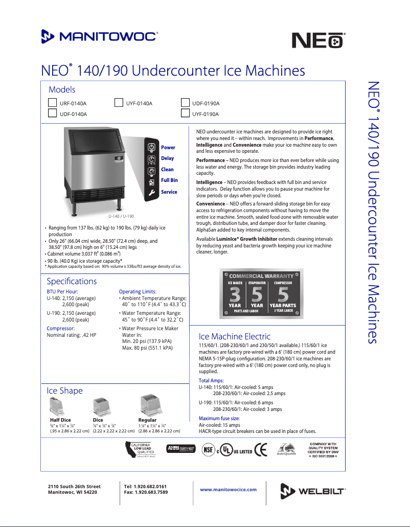 Página 1 del manual Ficha técnica Manitowoc UR-0140A