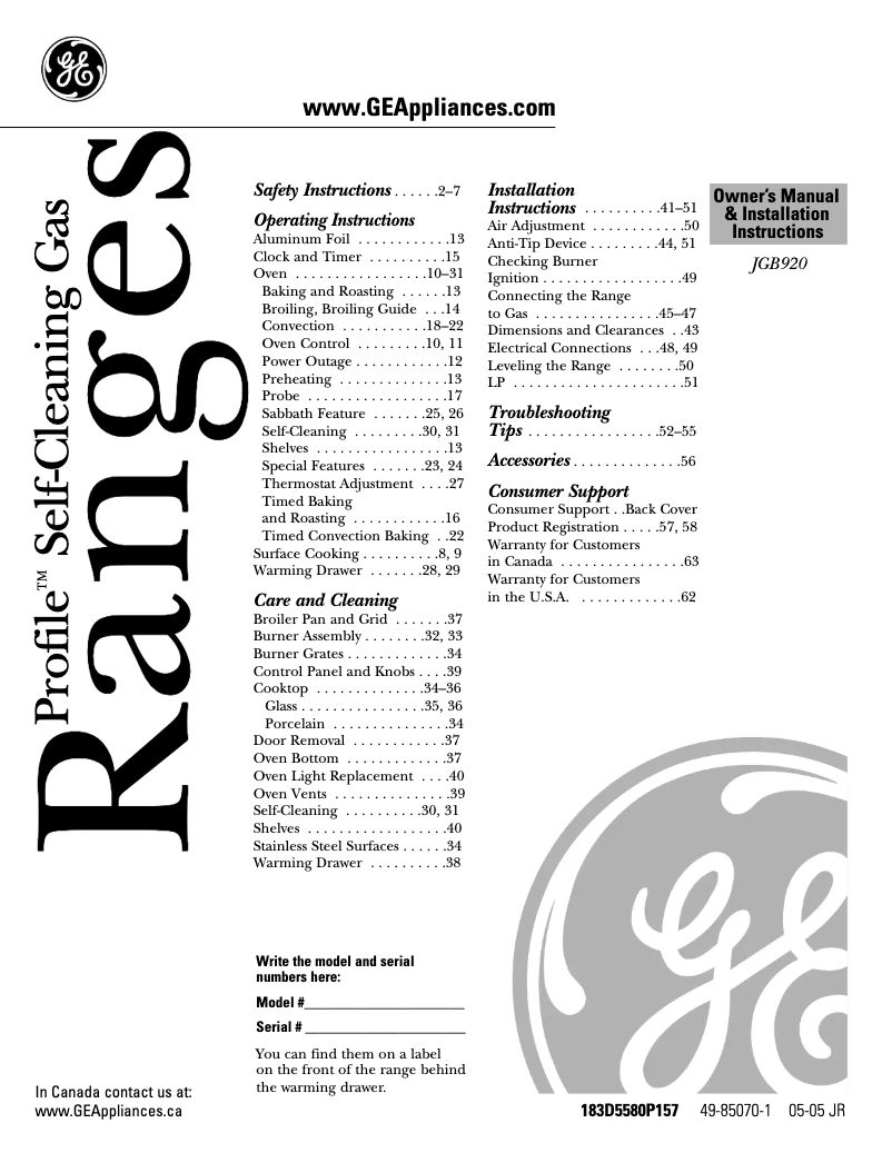 Page 1 de la notice Manuel d'utilisation et d'entretien GE Profile JGB920TEFWW