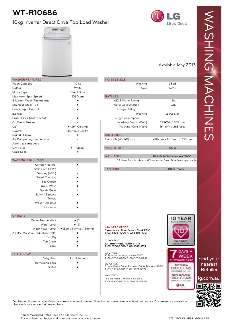 Page 1 de la notice Fiche technique LG WT-R10686