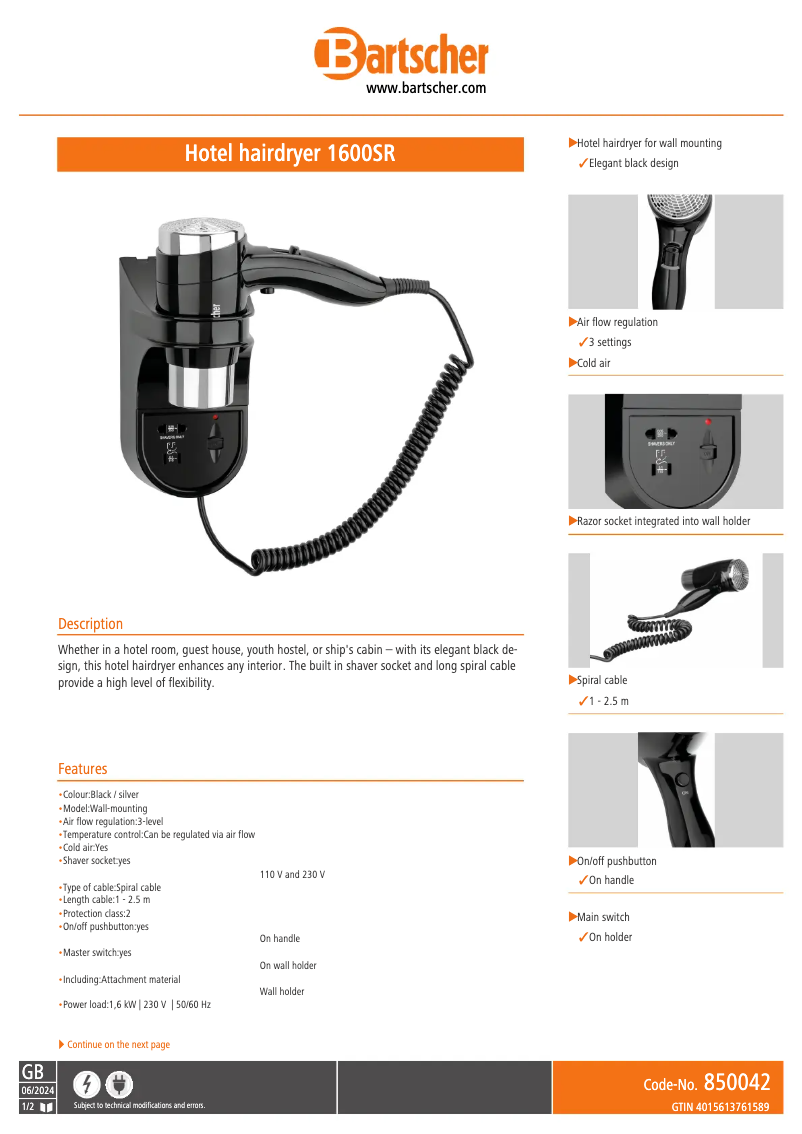 Página 1 del manual Ficha técnica Bartscher 1600SR