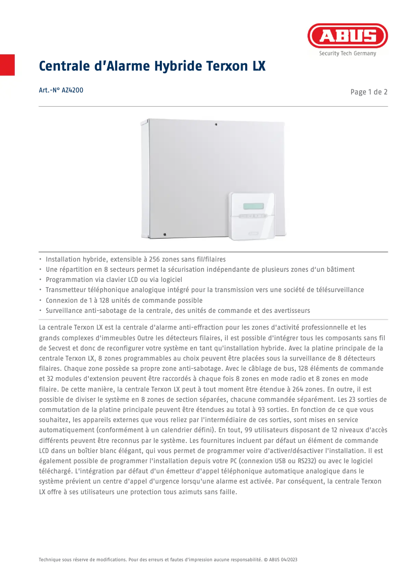 Page 1 de la notice Fiche technique Abus AZ4200