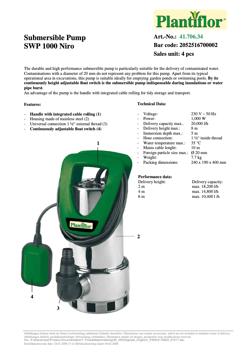 Page 1 de la notice Manuel utilisateur Wingart SWP 1000 Niro