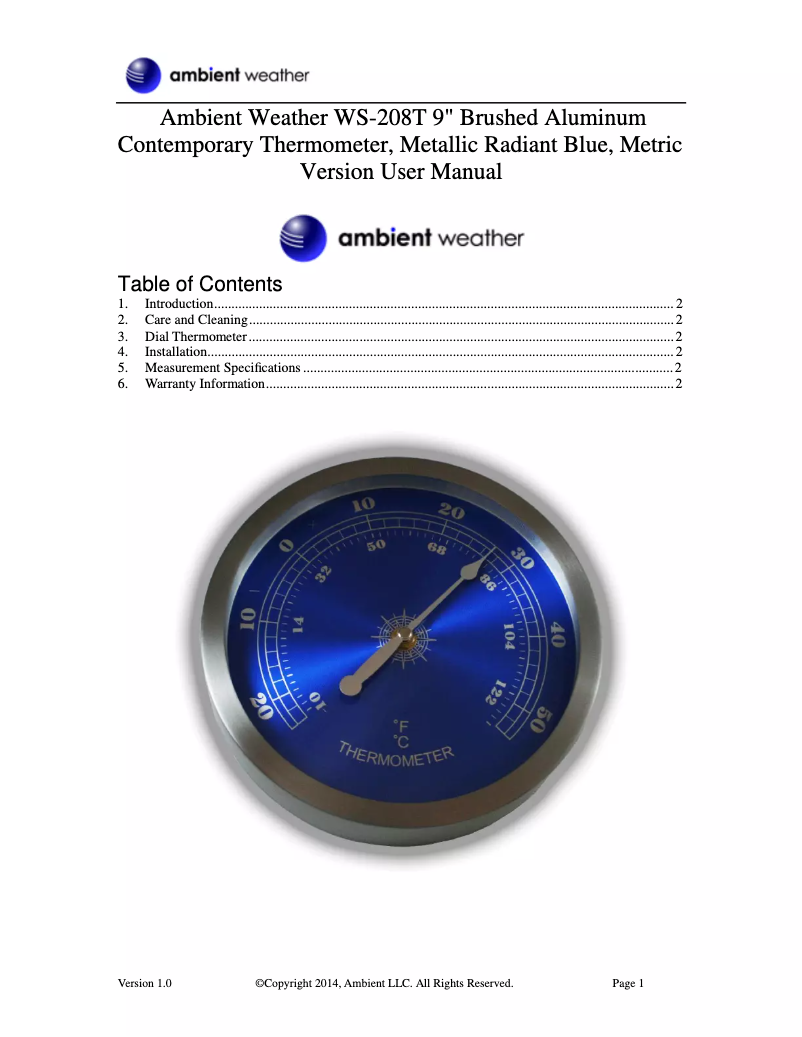 Page 1 de la notice Manuel utilisateur Ambient Weather WS-208T