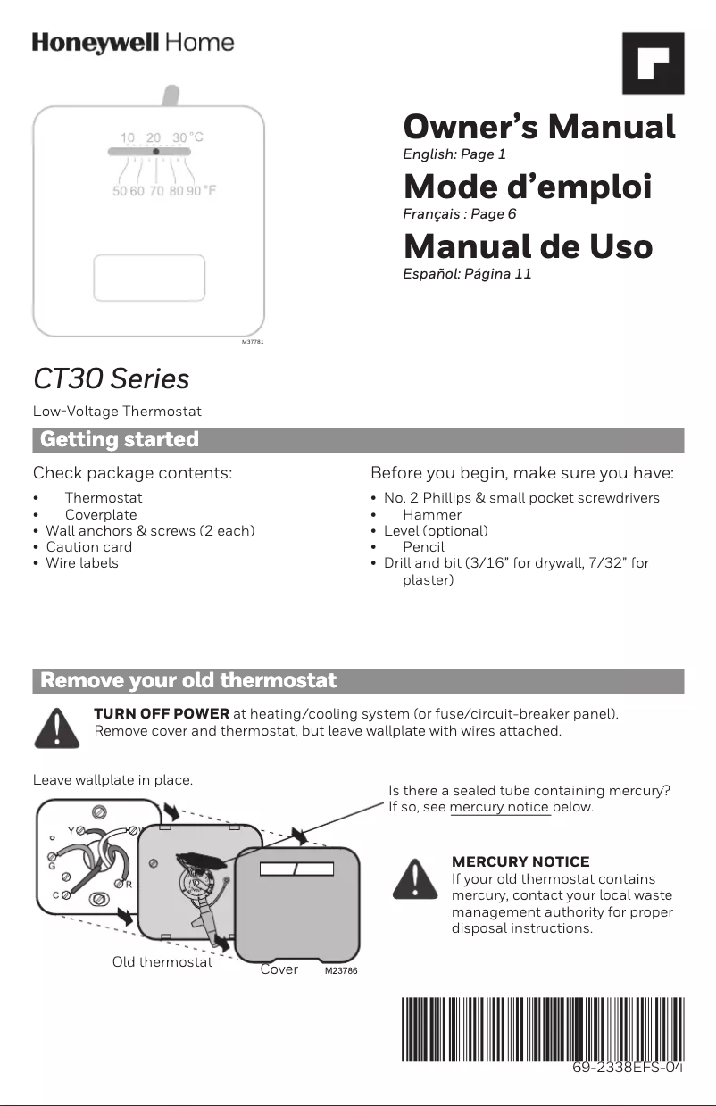 Page 1 de la notice Manuel utilisateur Honeywell CT33A1009/E1