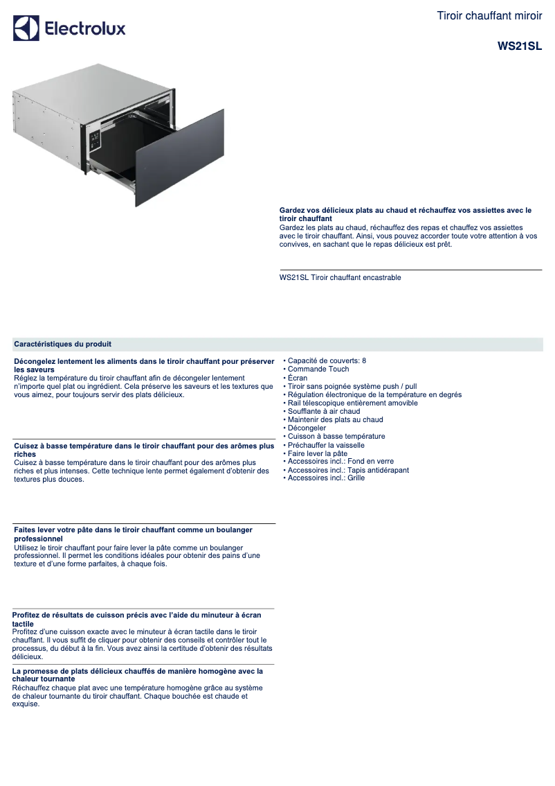 Page 1 de la notice Fiche technique Electrolux WS21SL