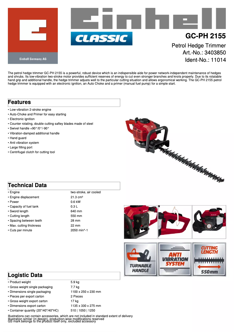 Page 1 de la notice Fiche technique Einhell GC-PH 2155