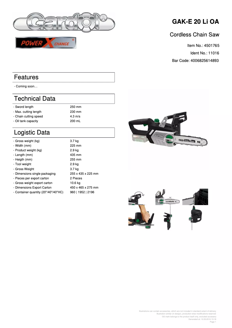 Page 1 de la notice Fiche technique Gardol GAK-E 20 Li OA