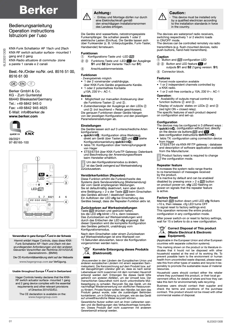 Page 1 de la notice Manuel utilisateur Berker 85165100