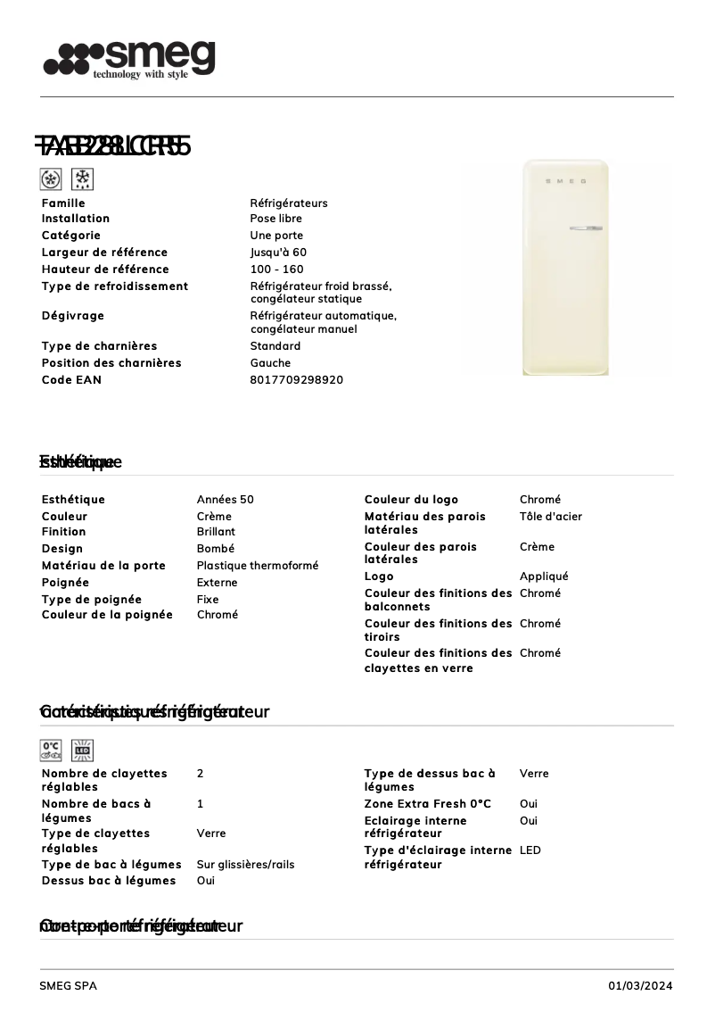 Page 1 de la notice Fiche technique Smeg FAB28LCR5