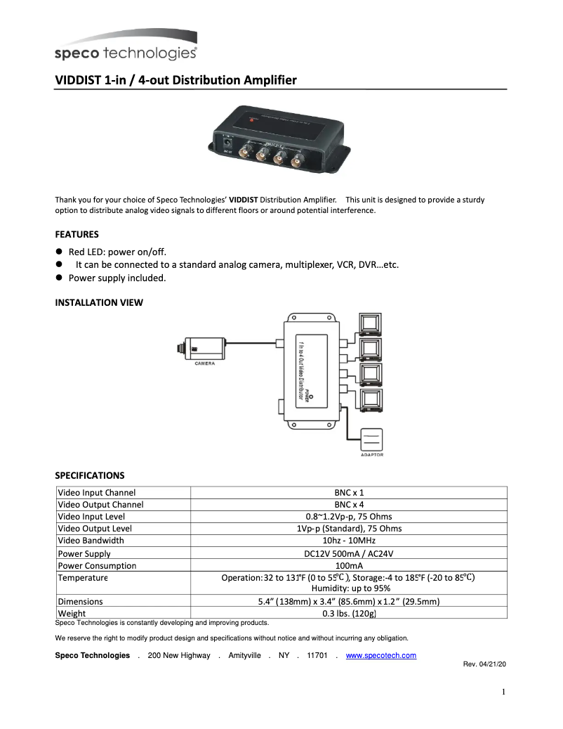 Page 1 of the manual User Manual Speco Technologies VIDDIST