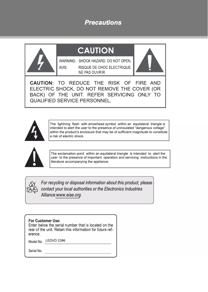 Page 1 of the manual User Manual Coby LEDVD2396