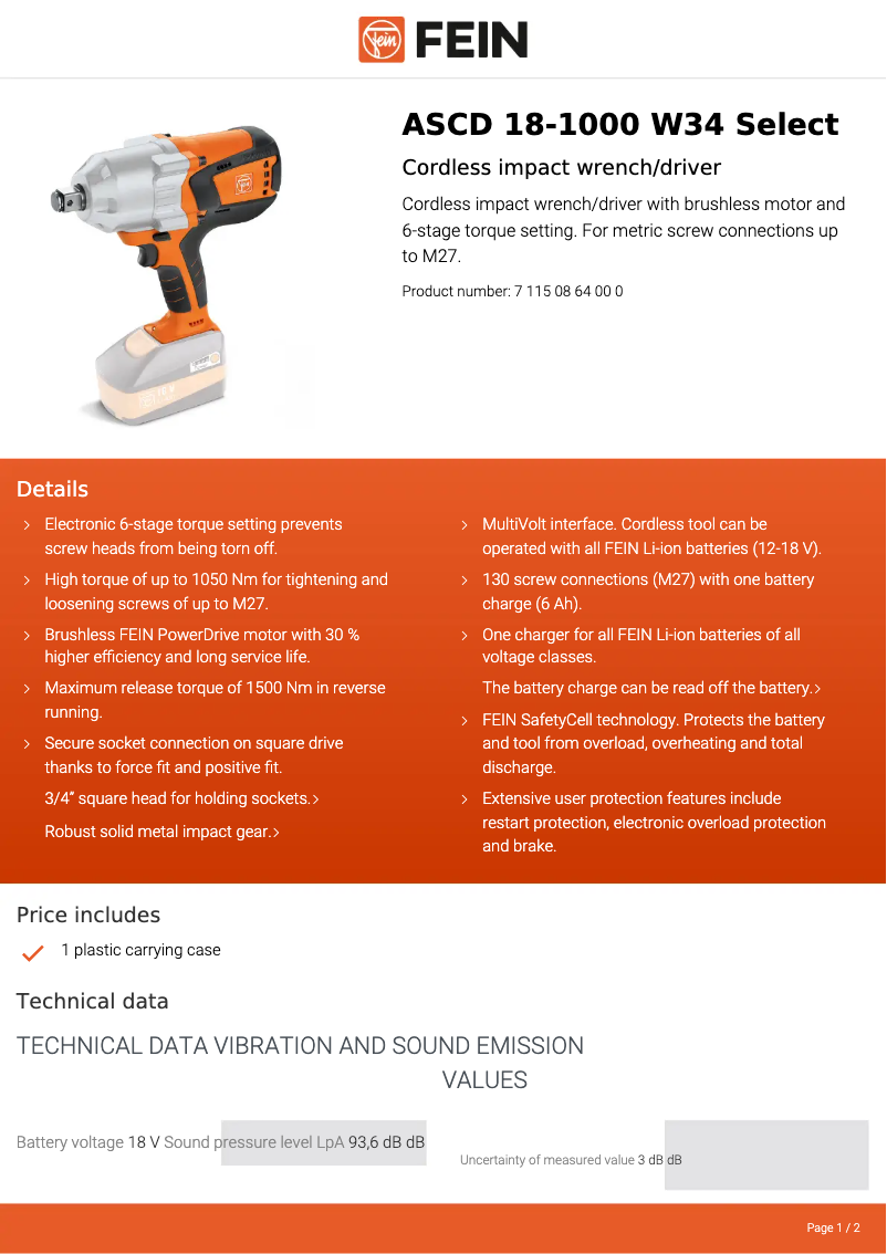 Page 1 de la notice Fiche technique Fein ASCD 18-1000 W34 Select