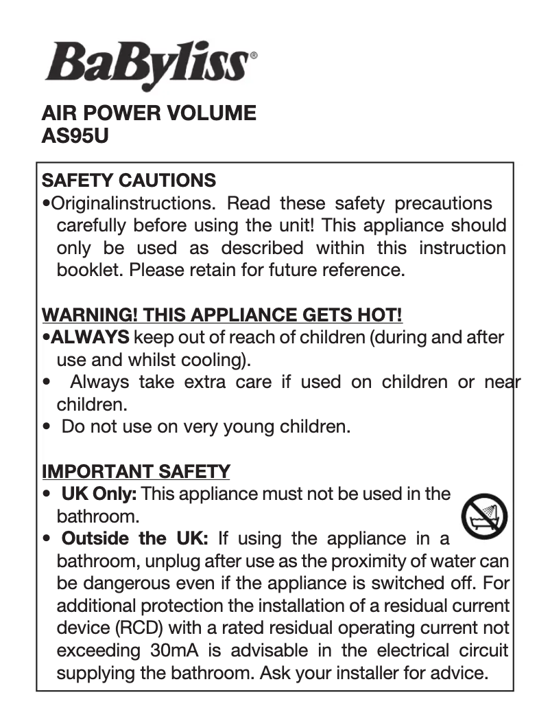 Page 1 de la notice Manuel utilisateur BaByliss Air Power Volume AS95U