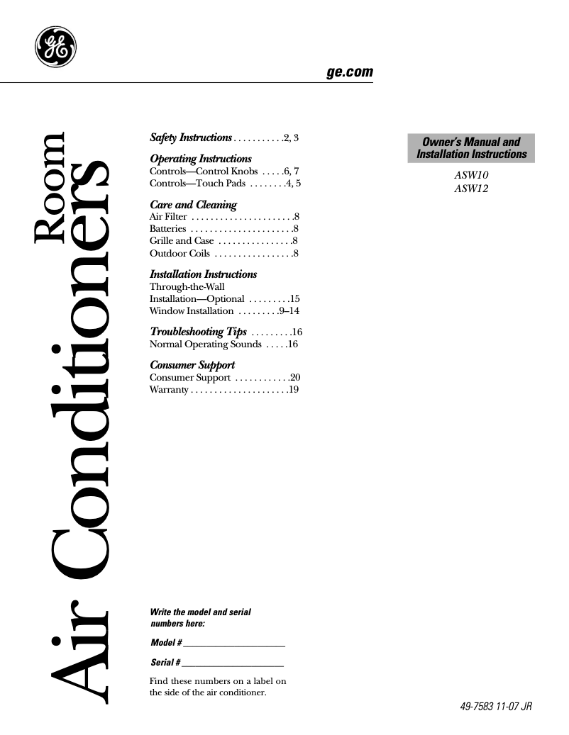 Página 1 del manual Guía de instalación GE ASW12AL