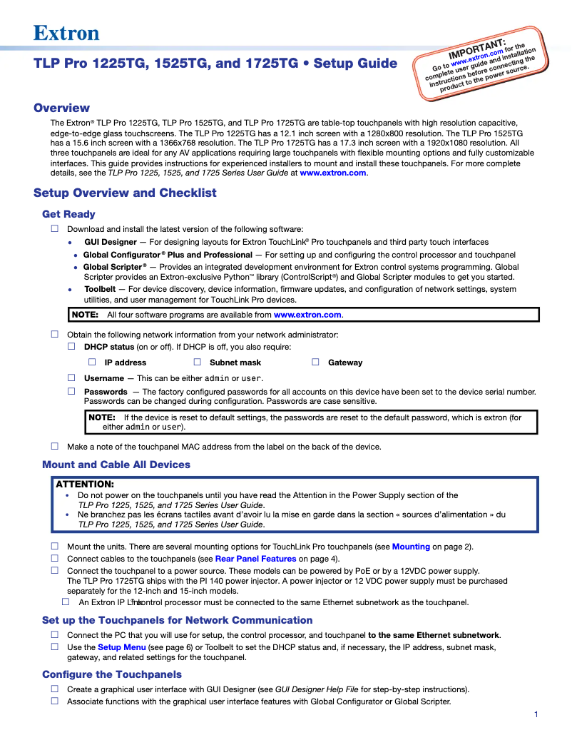 Page 1 de la notice Manuel utilisateur Extron TLP Pro 1525TG