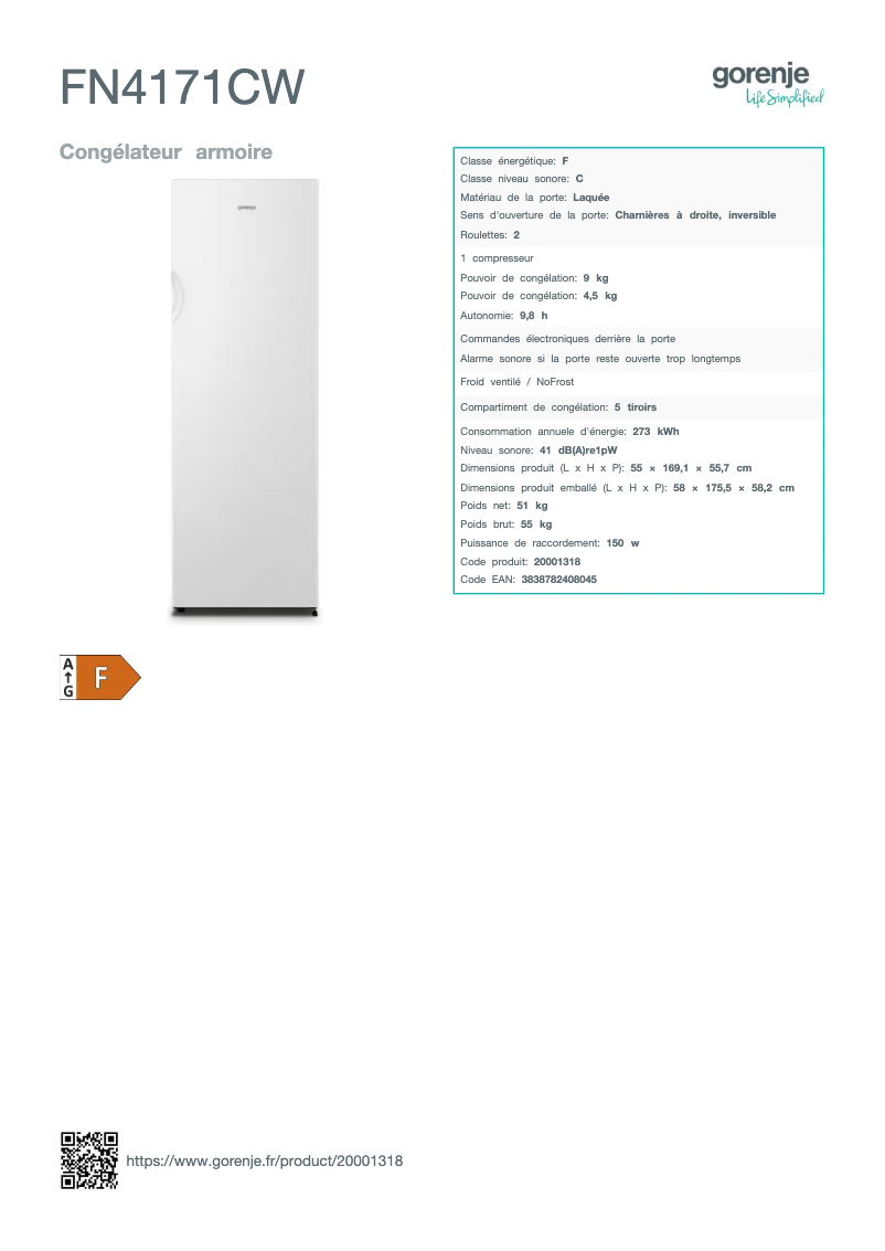 Página 1 del manual Ficha técnica Gorenje FN4171CW