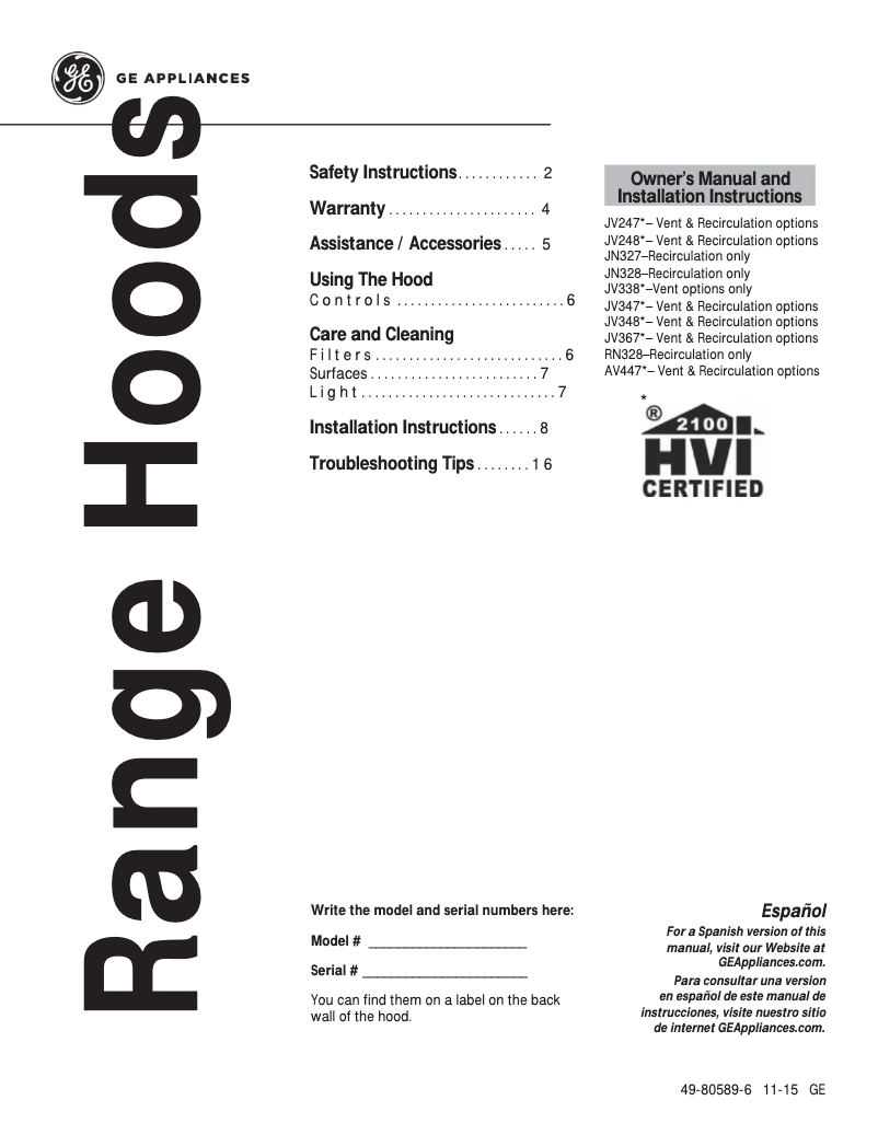 Page 1 de la notice Manuel d'utilisation et d'entretien GE JV347HBB