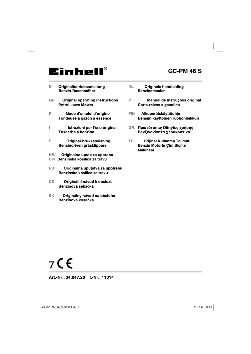 Page 1 de la notice Manuel utilisateur Einhell GC-PM 46 S