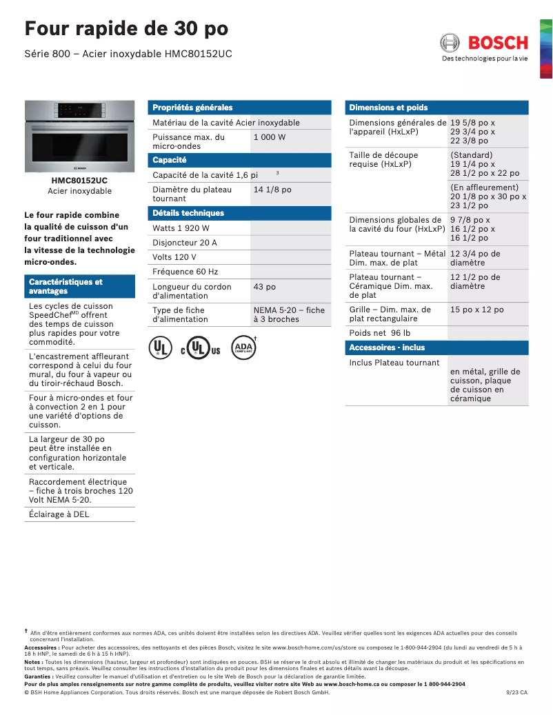 Page 1 de la notice Fiche technique Bosch HMC80152UC