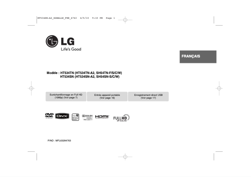 Page 1 de la notice Manuel utilisateur LG HT534SN