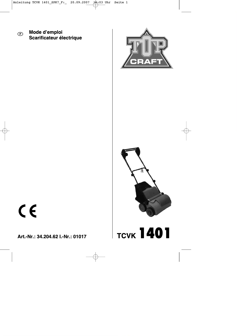 Page 1 de la notice Manuel utilisateur Topcraft TCVK 1401