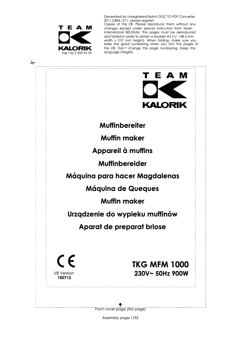 Page 1 of the manual User Manual Kalorik TKG MFM 1000