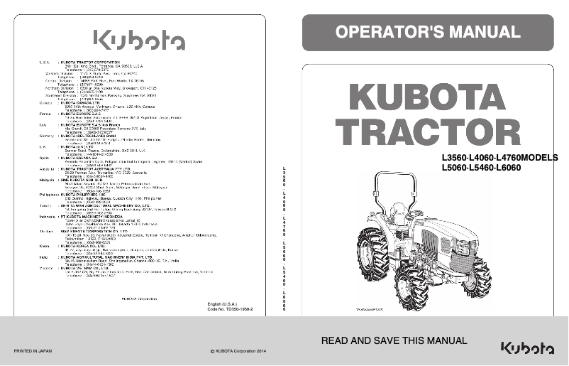 Page 1 de la notice Manuel utilisateur Kubota L3560HSTRC