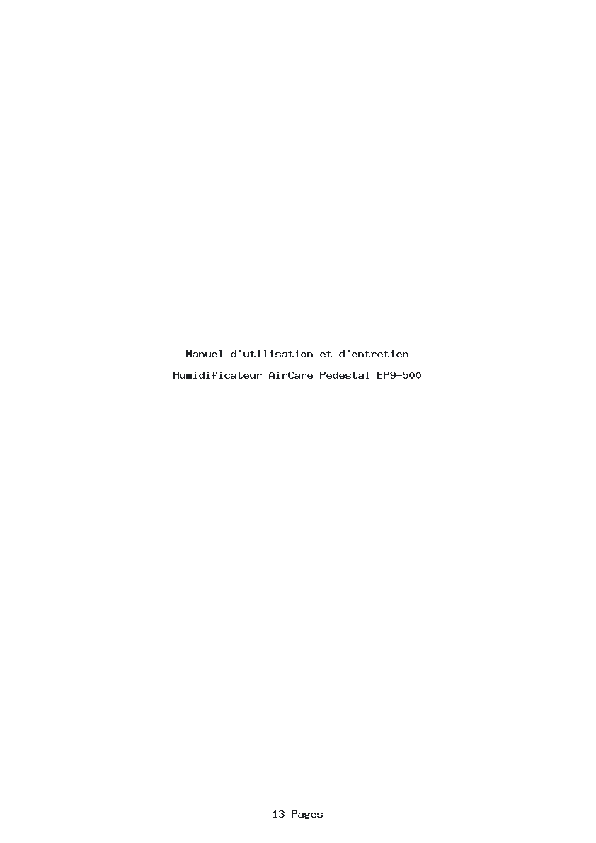 Page 1 de la notice Manuel d'utilisation et d'entretien AirCare Pedestal EP9-500