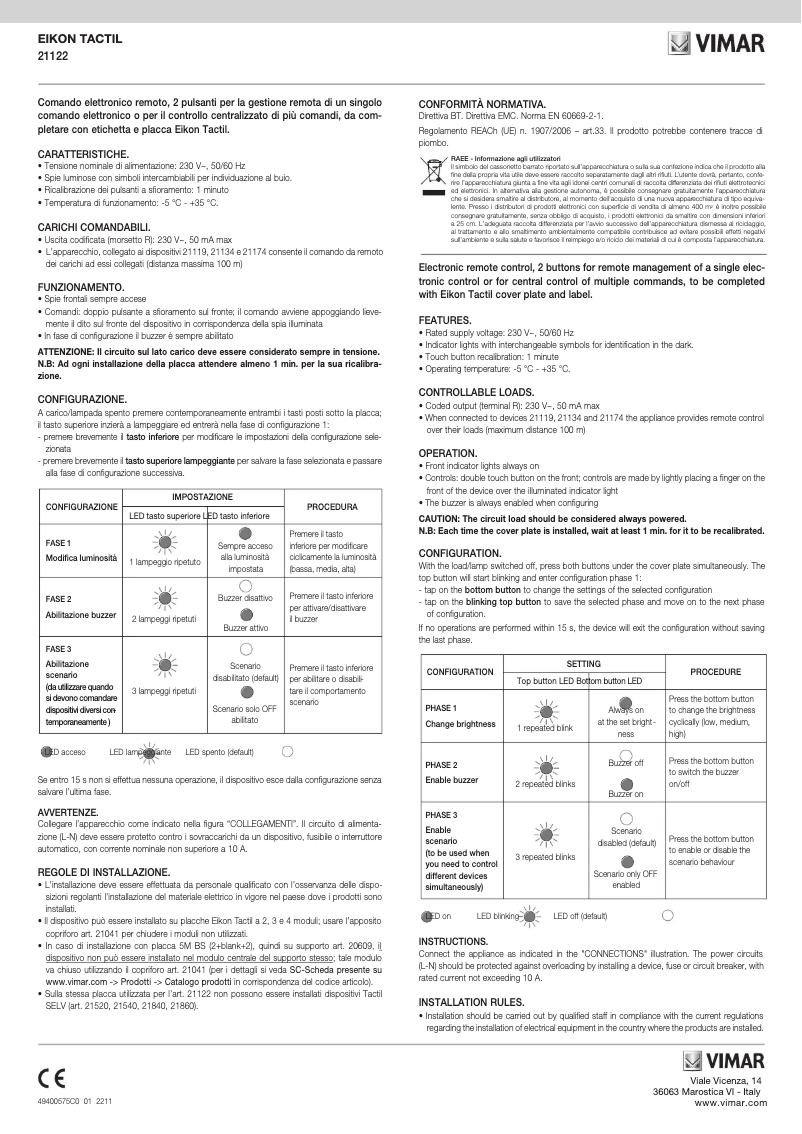 Page 1 de la notice Instructions / montage Vimar 21122