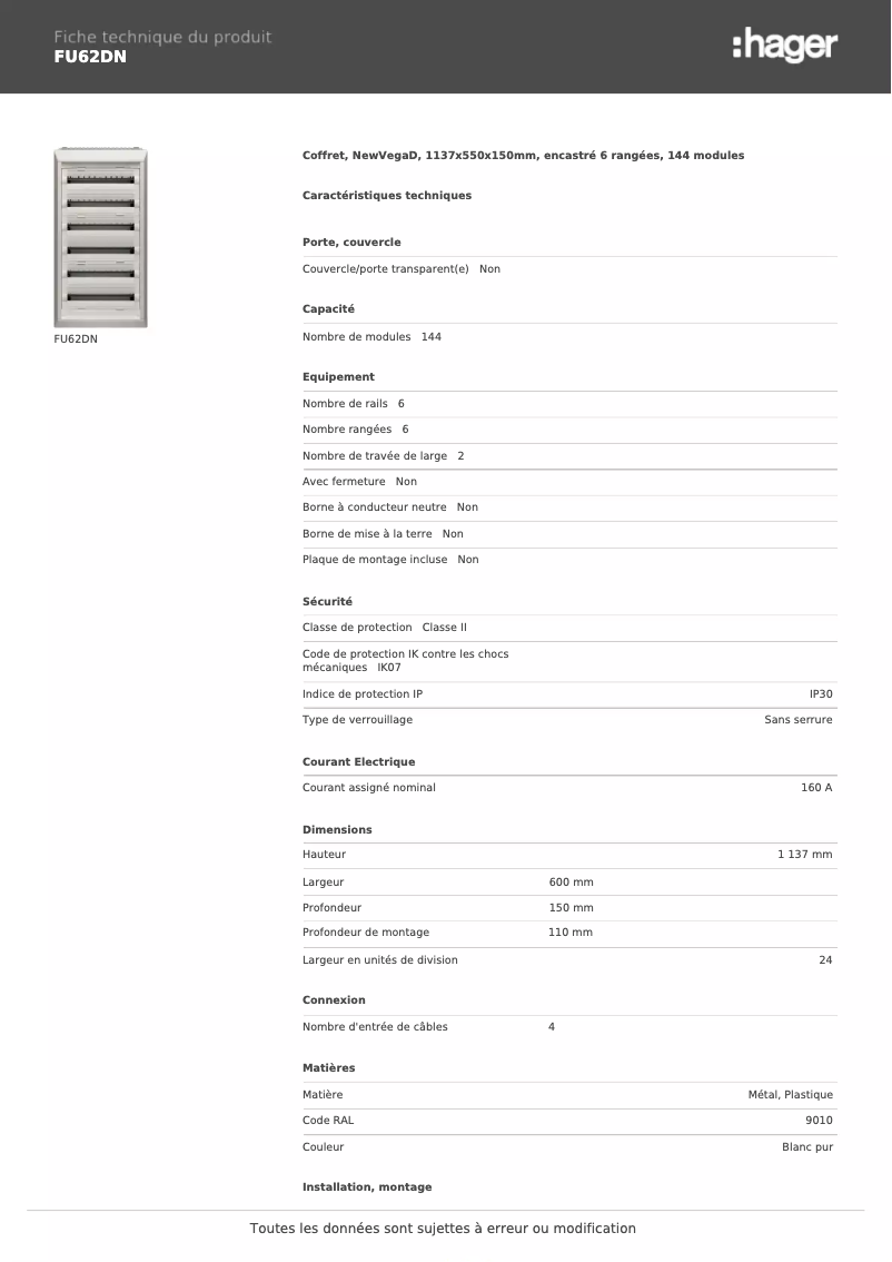Page 1 de la notice Fiche technique Hager FU62DN