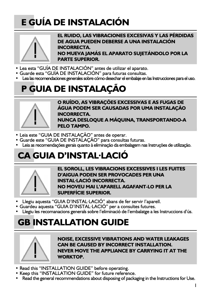 Página 1 del manual Guía de instalación Whirlpool AWP 7100 SL