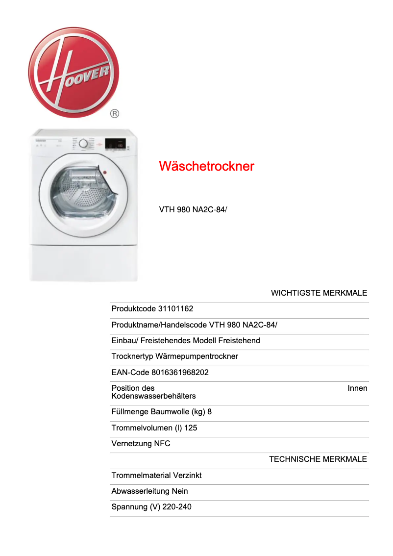 Page 1 de la notice Manuel utilisateur Hoover VTH 980 NA2C-84