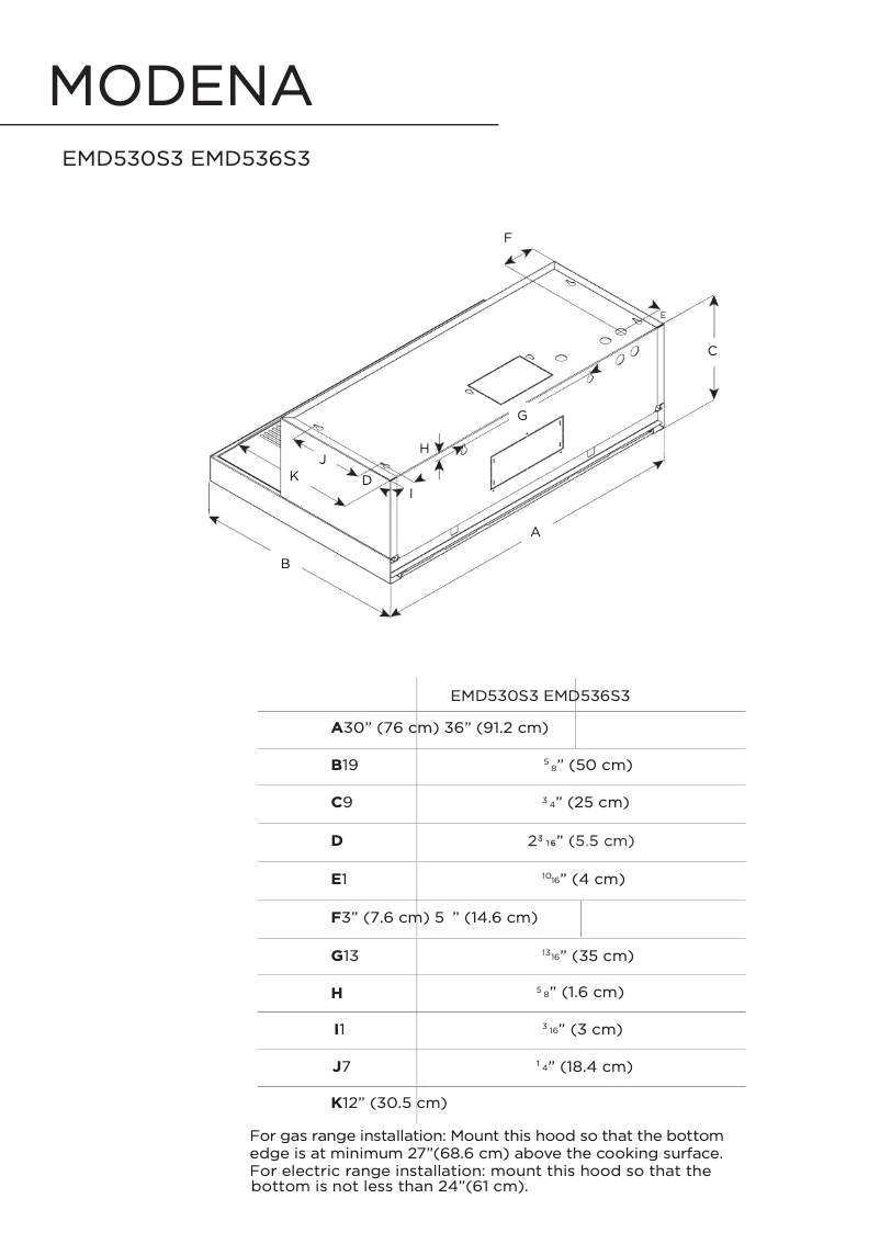 Page 1 of the manual Technical Drawing Elica Modena EMD536S3