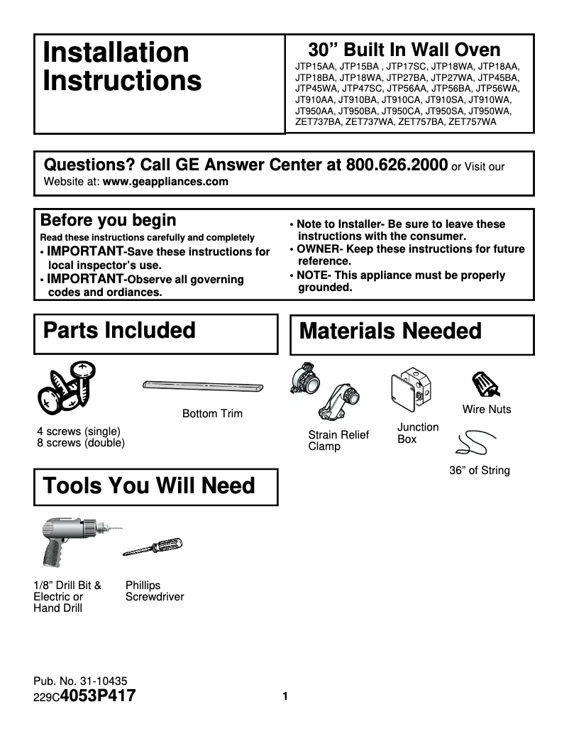 Page 1 de la notice Guide d'installation GE Profile Performance JT910WAWW