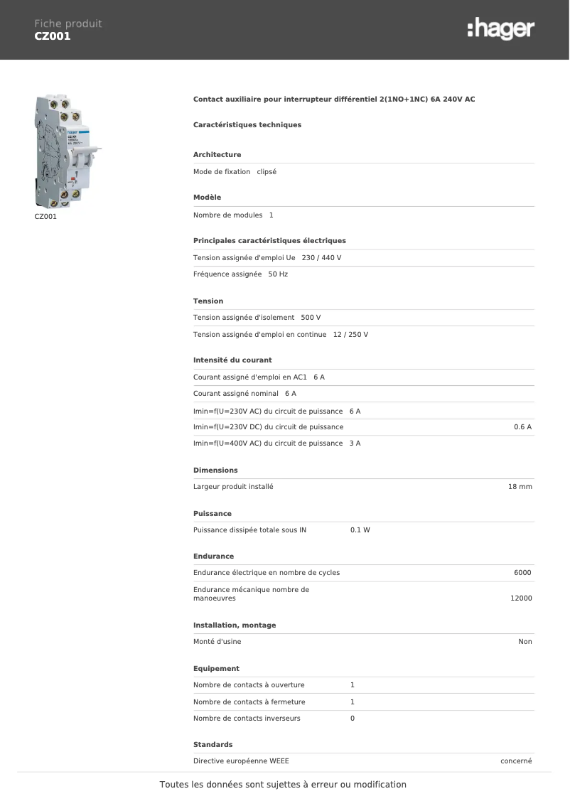 Page 1 de la notice Fiche technique Hager CZ001
