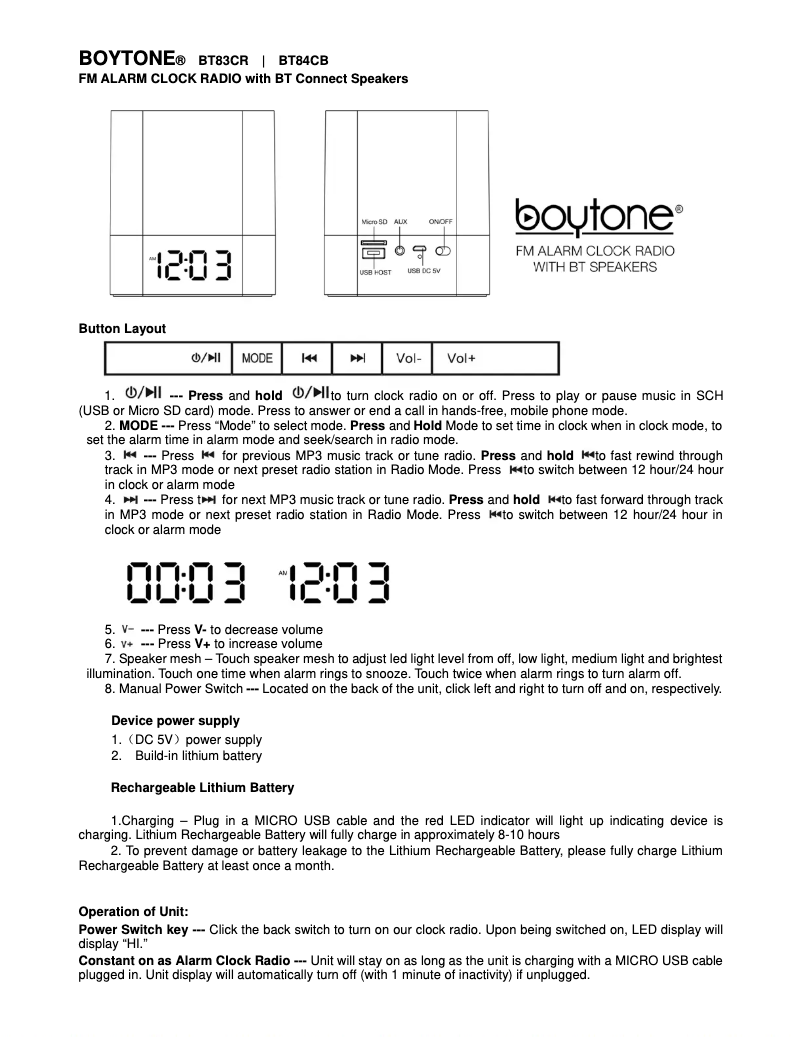 Page 1 of the manual User Manual Boytone BT-83CR
