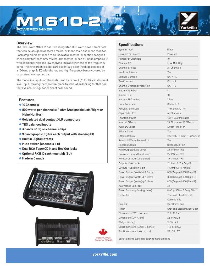 Page 1 de la notice Fiche technique Yorkville M1610
