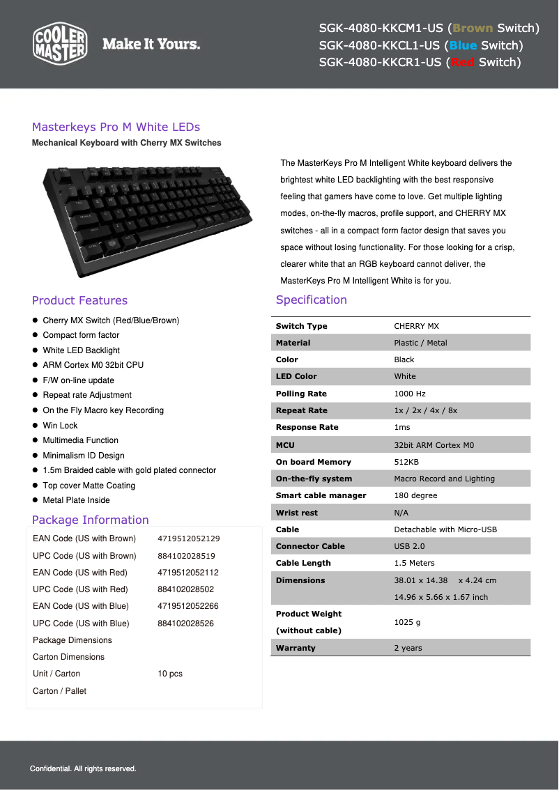 Page 1 de la notice Fiche technique Cooler Master MasterKeys Pro M