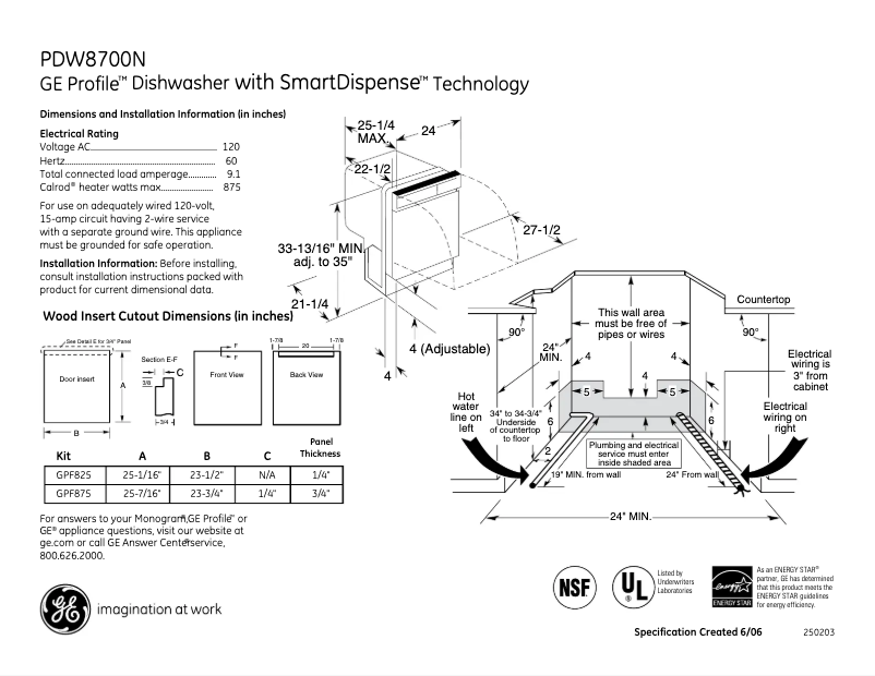 Page 1 de la notice Fiche technique GE Profile PDW8700NWW