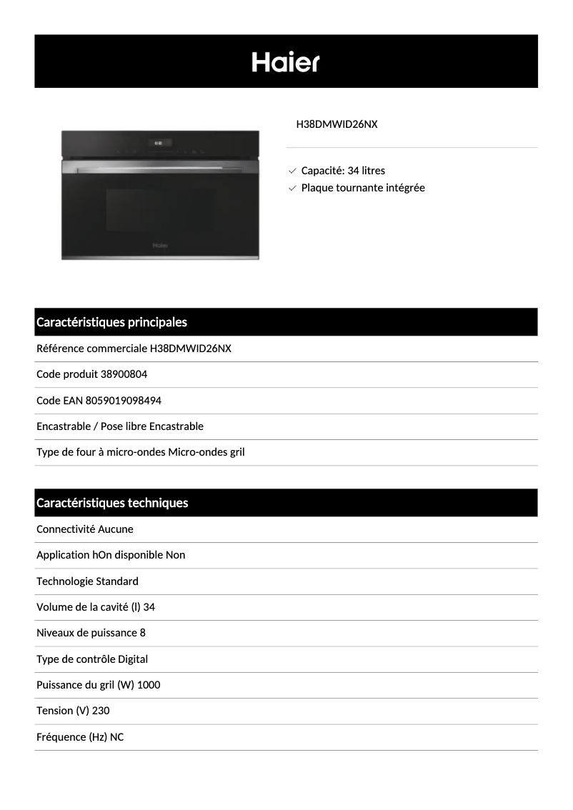 Page 1 de la notice Fiche technique Haier H38DMWID26NX