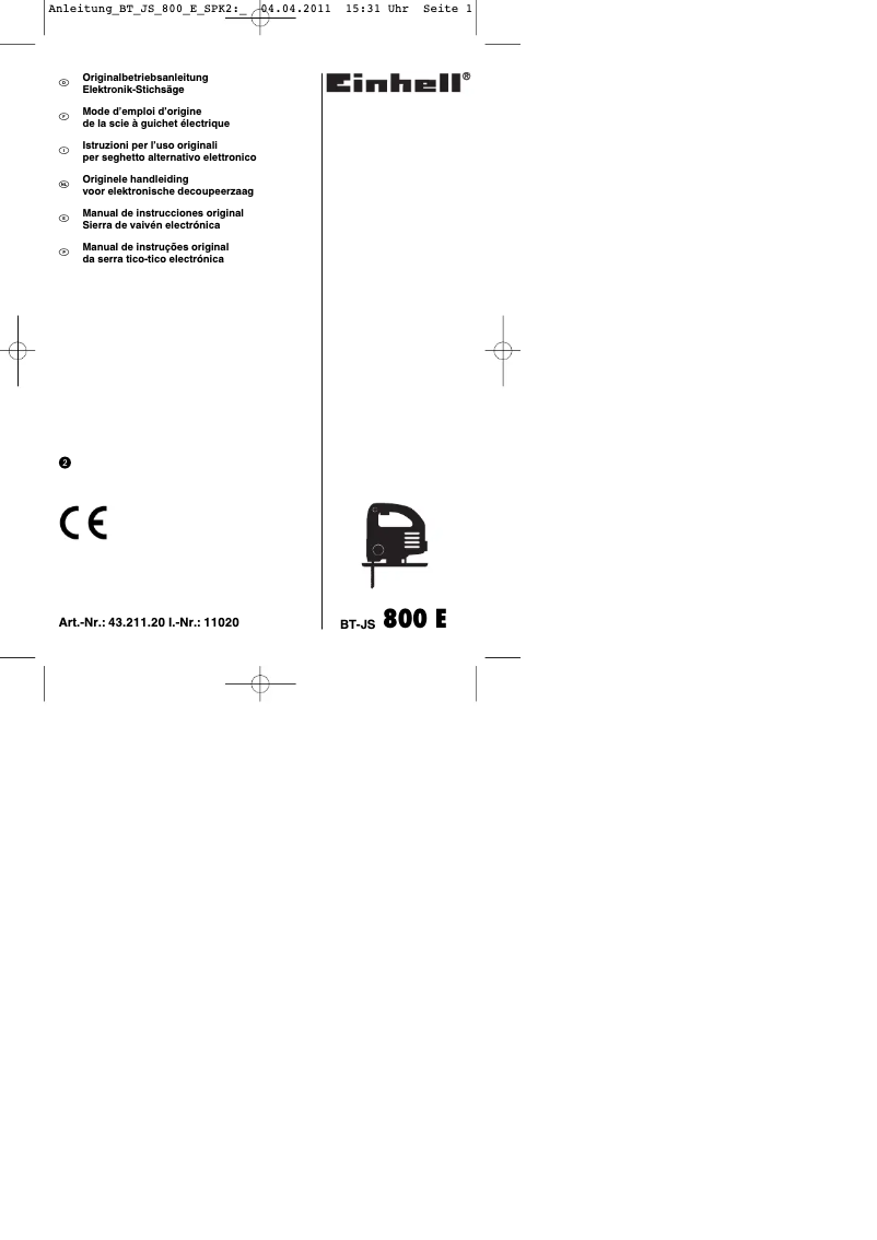 Page 1 de la notice Mode d'emploi Einhell BT-JS 800 E