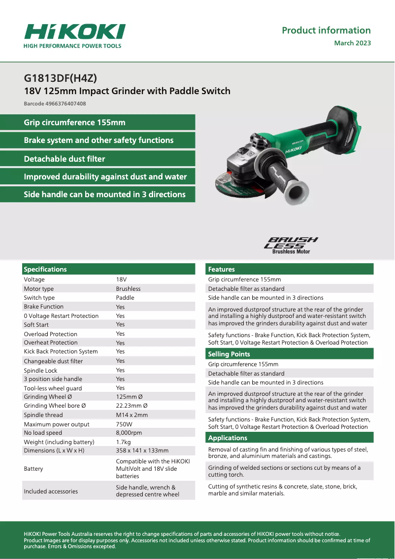 Page 1 de la notice Fiche technique HiKOKI G1813DF
