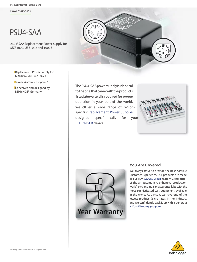 Page 1 of the manual User Manual Behringer PSU4-SAA