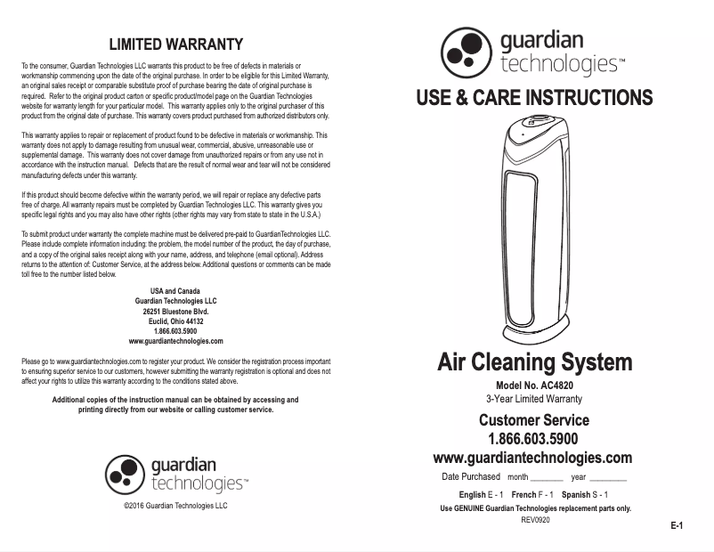 Page 1 de la notice Manuel utilisateur Guardian AC4820